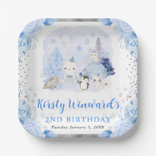 Watercolor Arctic Animals Floral Kids Birthday Paper Plate