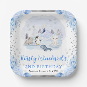 Watercolor Arctic Animals Floral Kids Birthday Paper Plate
