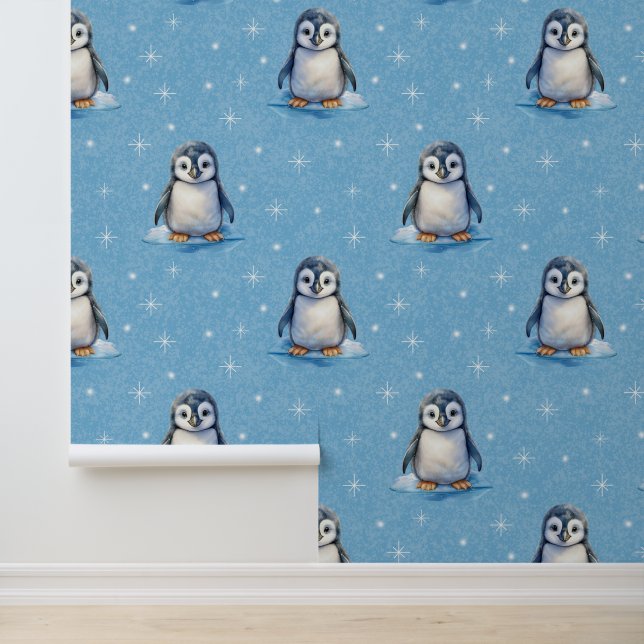 Watercolor Arctic Animals Penguin Stars on Blue Wallpaper (Application)