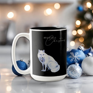 Watercolor Arctic Fox Merry Christmas Black Two-Tone Coffee Mug