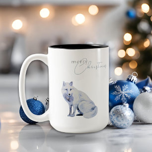 Watercolor Arctic Fox Merry Christmas  Two-Tone Coffee Mug