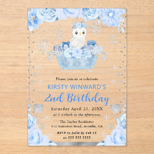Watercolor Arctic Owl Floral 2nd Birthday Acrylic Invitations