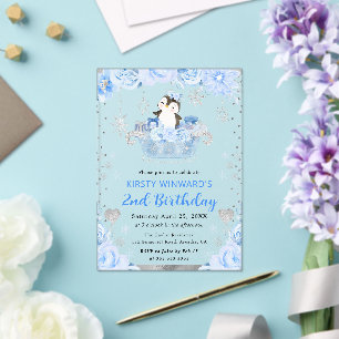 Watercolor Arctic Penguin Floral 2nd Birthday Acrylic Invitations