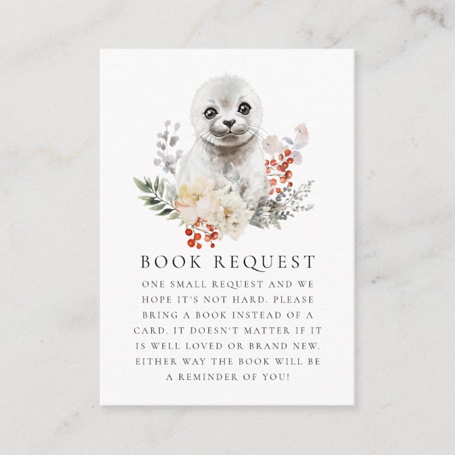 Watercolor Arctic Seal Baby Shower Book Request Enclosure Card (Front)