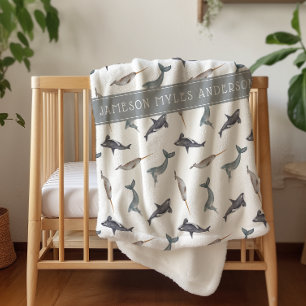 Watercolor Arctic Whales Pattern   Monogram Sherpa Blanket