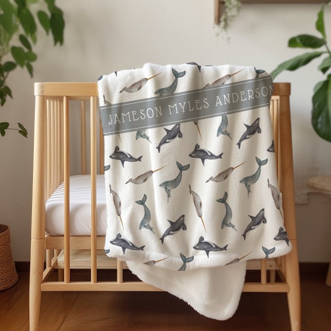Watercolor Arctic Whales Pattern | Monogram Sherpa Blanket (Creator Uploaded)