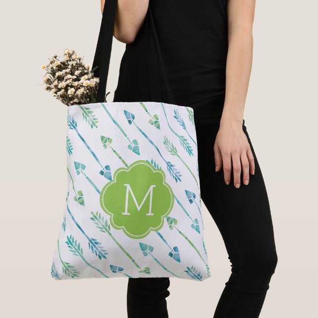 Watercolor Arrows Pattern Monogrammed Tote Bag (Close Up)