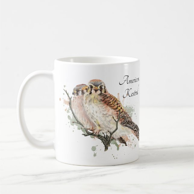 Watercolor Art  Birding Kestrel Couple Coffee Mug (Left)