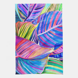 Watercolor art canna tropical leaves  tea towel