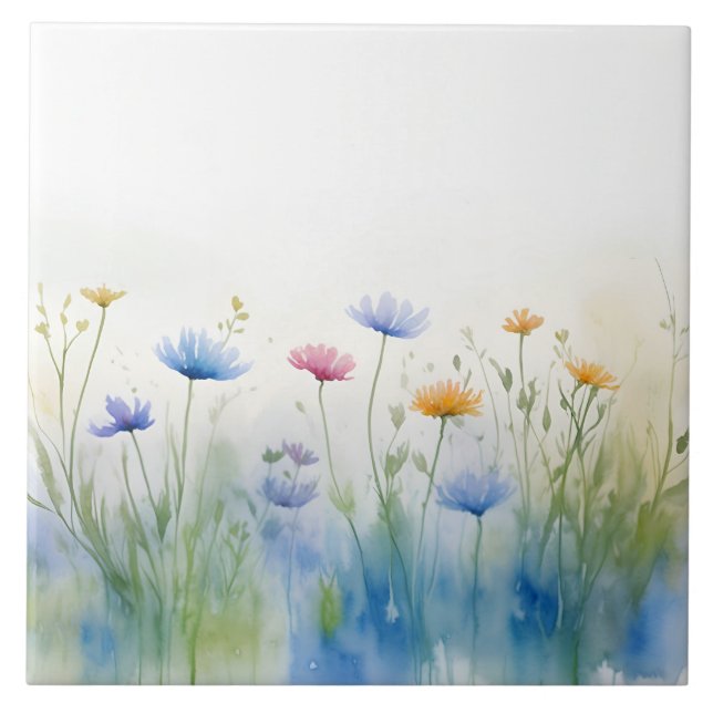 Watercolor Art Colourful Wild Flowers Wildflower Ceramic Tile (Front)