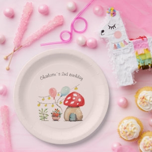 Watercolor Art Cute Mushroom and Flowers Paper Plate