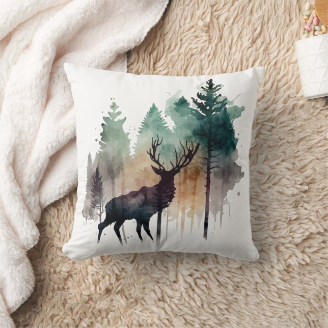 Watercolor Art Deer in Forest Trees Nature  Cushion (Blanket)