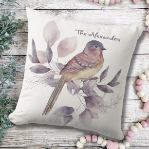Watercolor Art Garden Leaf Bird Monogrammed White Cushion