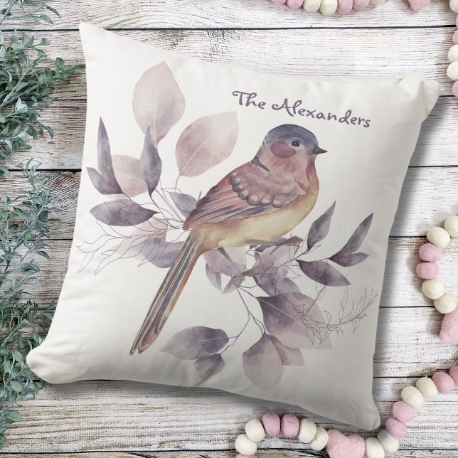 Watercolor Art Garden Leaf Bird Monogrammed White Cushion (Watercolor Bird and Leaves Garden Art Monogrammed Name White Outdoor Pillow)