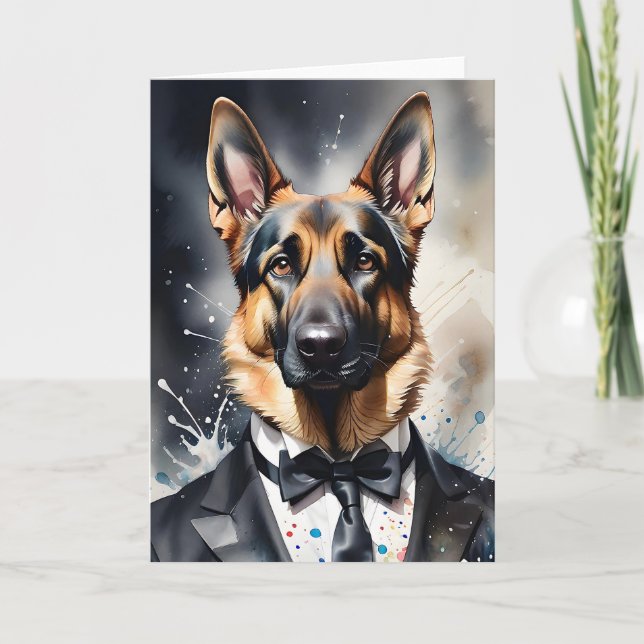 Watercolor Art German Shepherd Tuxedo Black Tie Card (Front)