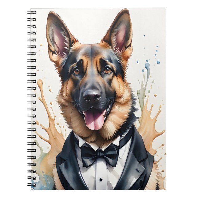 Watercolor Art German Shepherd Tuxedo Black Tie Notebook (Front)