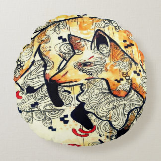 Watercolor art Japanese art,orange fox animal art Round Cushion