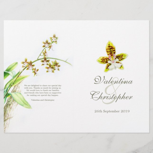 Watercolor art Orchid flower wedding programme (Front)