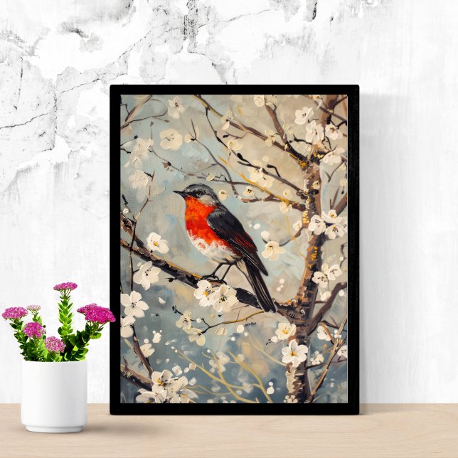 Watercolor Art Painted Bird in Tree White Flowers Poster (Red Breast Bird in Tree with White Flower Blossoms Wall Art Poster Print.)