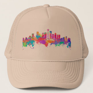 Watercolor art print of the skyline of Seattle USA Trucker Hat