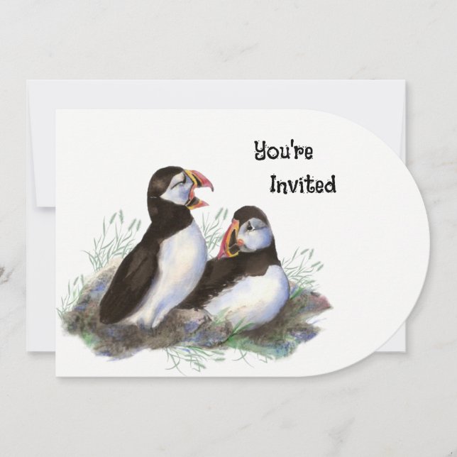 Watercolor art Puffin Bird Birthday Party Invitation (Front)