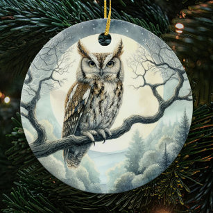 Watercolor Art Screech Owl Ceramic Ornament