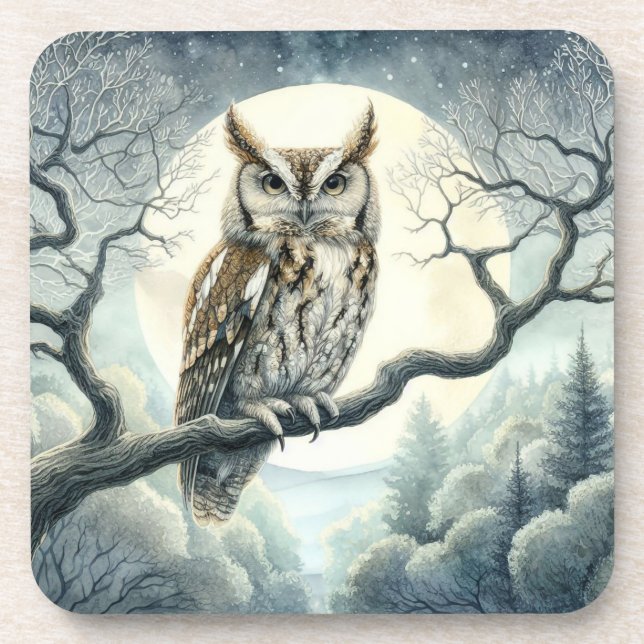 Watercolor Art Screech Owl Coaster (Front)