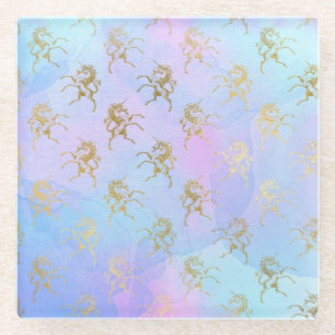 Watercolor Art Soft Colours Golden Unicorn Fantasy Glass Coaster
