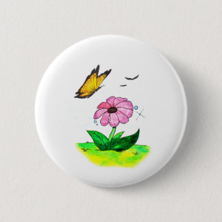 watercolor art spring flower and flying butterfly 6 cm round badge