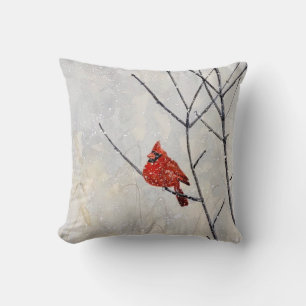 watercolor art throw pillow, cardinal in snow, red cushion
