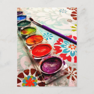 Watercolor Artist Paint Tray and Brush on Flowers Postcard