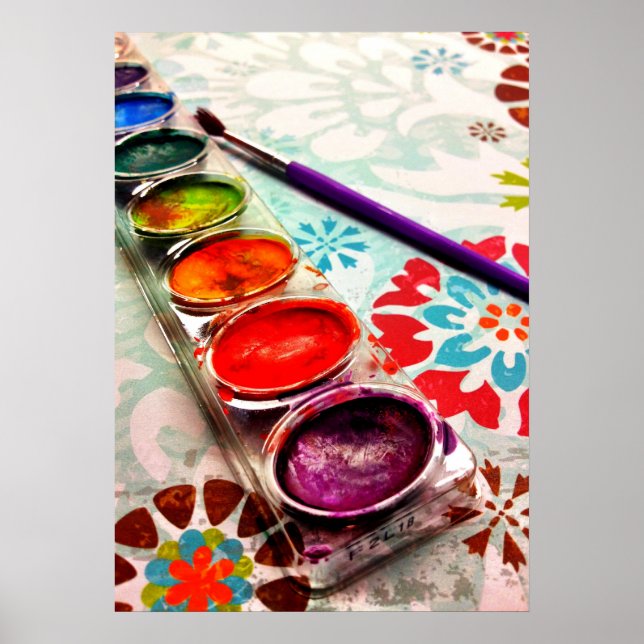 Watercolor Artist Paint Tray and Brush on Flowers Poster (Front)