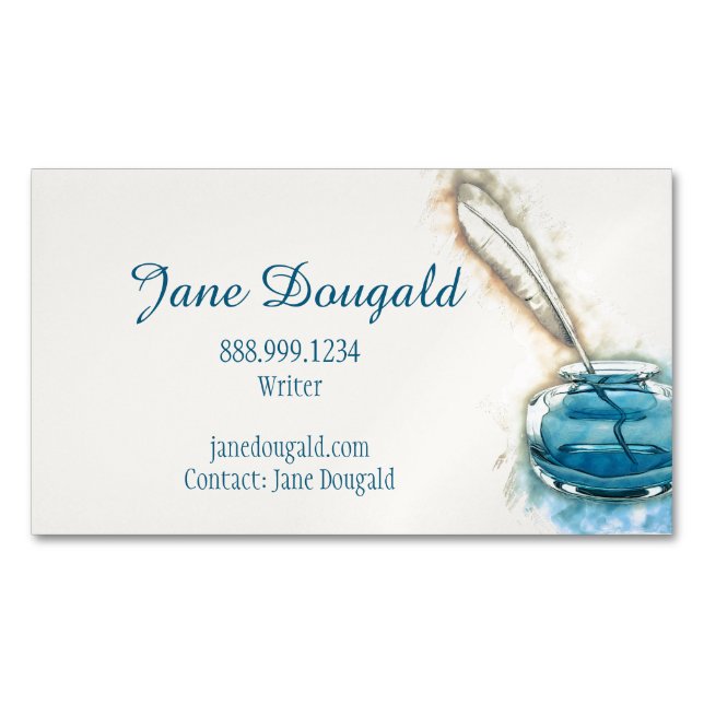 Watercolor Artistic  Feather Pen Classic Writer's  Magnetic Business Card (Front)