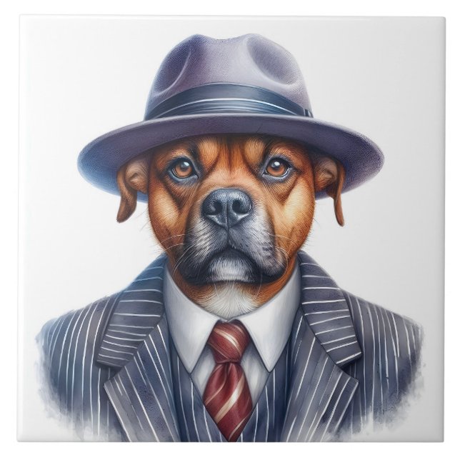 Watercolor Artwork Brown Dog Gangster Suit Ceramic Tile (Front)