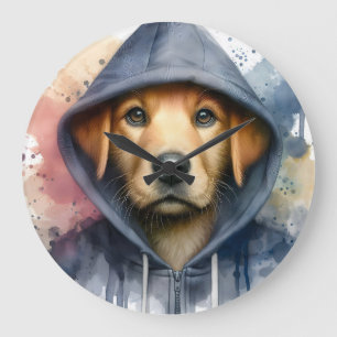 Watercolor Artwork Brown Dog in a Hoodie Splatter Large Clock