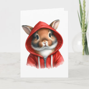 Watercolor Artwork Brown Rabbit in a Red Hoodie Card