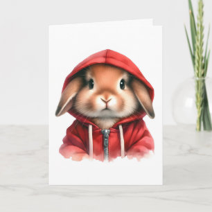 Watercolor Artwork Brown Rabbit in a Red Hoodie Card
