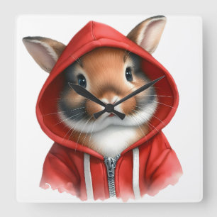 Watercolor Artwork Brown Rabbit in a Red Hoodie  Square Wall Clock