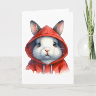 Watercolor Artwork White Rabbit in a Red Hoodie Card
