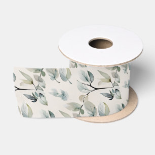 Watercolor Arty Leaf Pattern Green Leaves on White Satin Ribbon