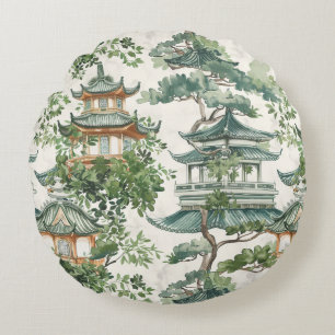 Watercolor Asian Pagoda in Verdant Landscape (10) Round Cushion