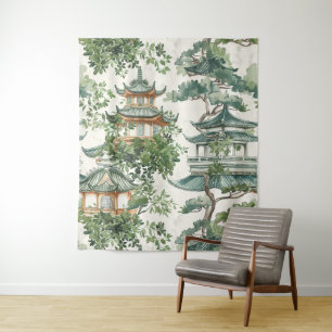 Watercolor Asian Pagoda in Verdant Landscape (10) Tapestry