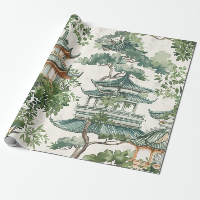 Watercolor Asian Pagoda in Verdant Landscape (10) Wrapping Paper (Unrolled)