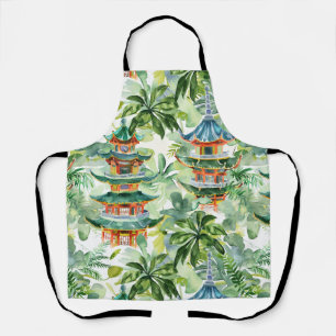 Watercolor Asian Pagoda in Verdant Landscape (11) Apron