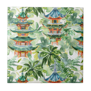 Watercolor Asian Pagoda in Verdant Landscape (11) Ceramic Tile