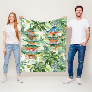 Watercolor Asian Pagoda in Verdant Landscape (11) Fleece Blanket