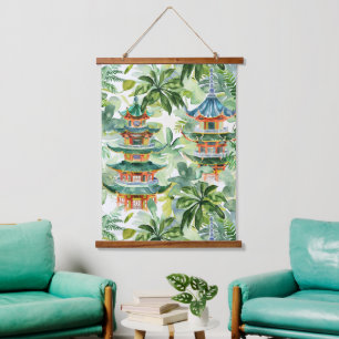 Watercolor Asian Pagoda in Verdant Landscape (11) Hanging Tapestry