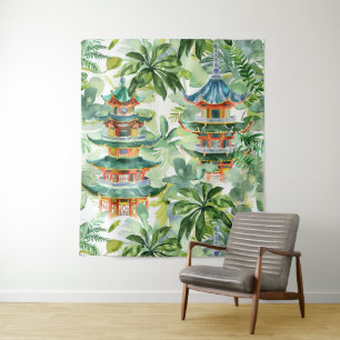 Watercolor Asian Pagoda in Verdant Landscape (11) Tapestry