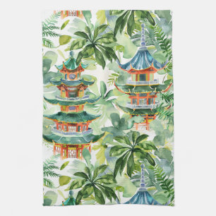 Watercolor Asian Pagoda in Verdant Landscape (11) Tea Towel
