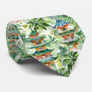 Watercolor Asian Pagoda in Verdant Landscape (11) Tie